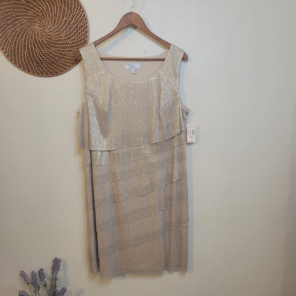 Dress Barn‎ Shift Dress Tiered Metallic Gold Shimmer 14